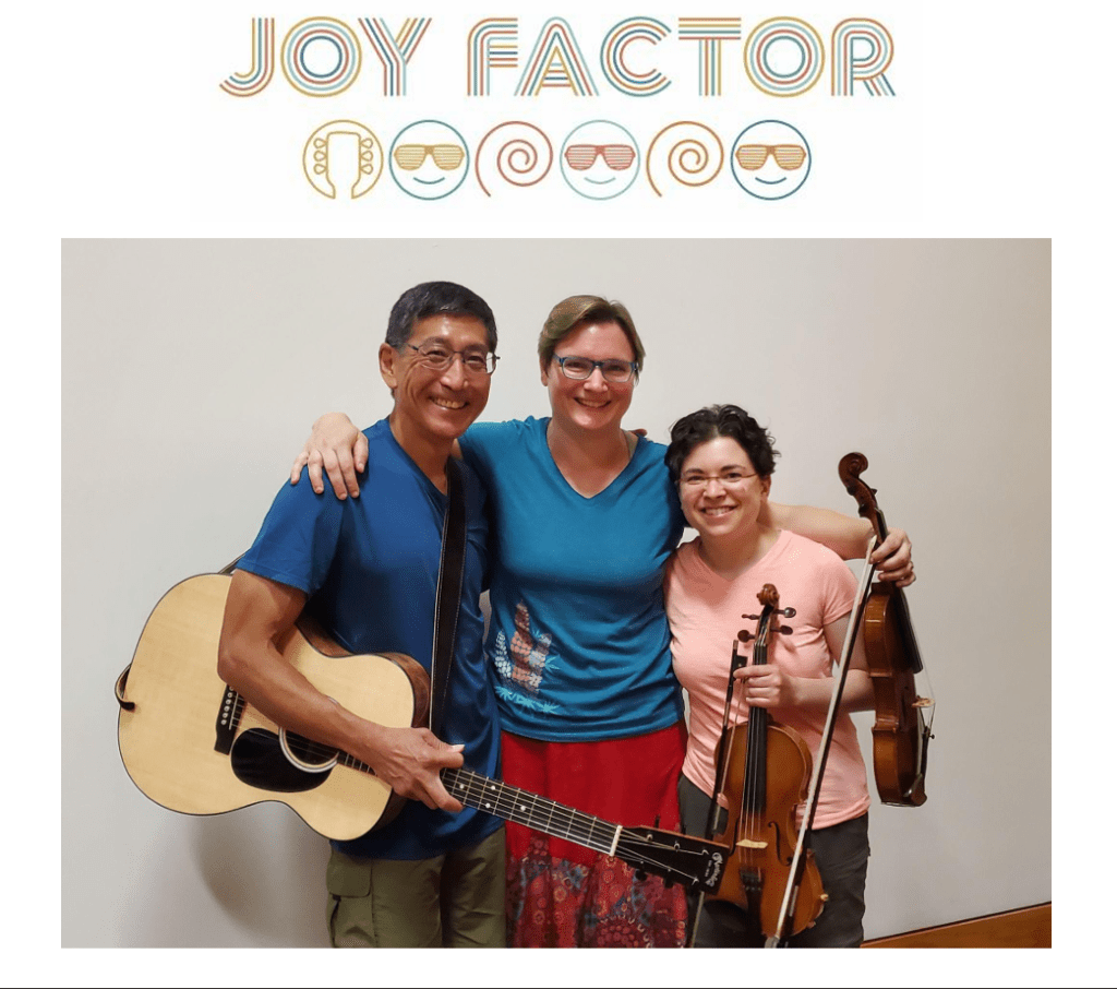 smiling happy musicians:  Gianna Marzilli Ericson and Rebecca Rose Weiss on fiddles and Henry Yoshimura on guitar. 